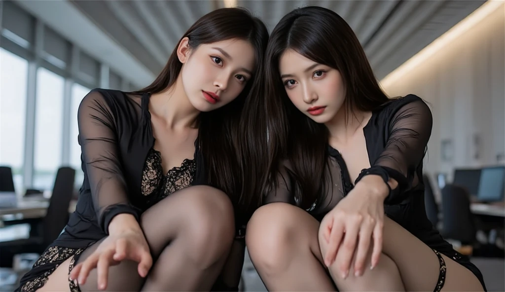 deux femmes ensemble de 18 ans sexy et mince , black short sleeve nightdress, salle de classe, se touche,position sey,sensuel
