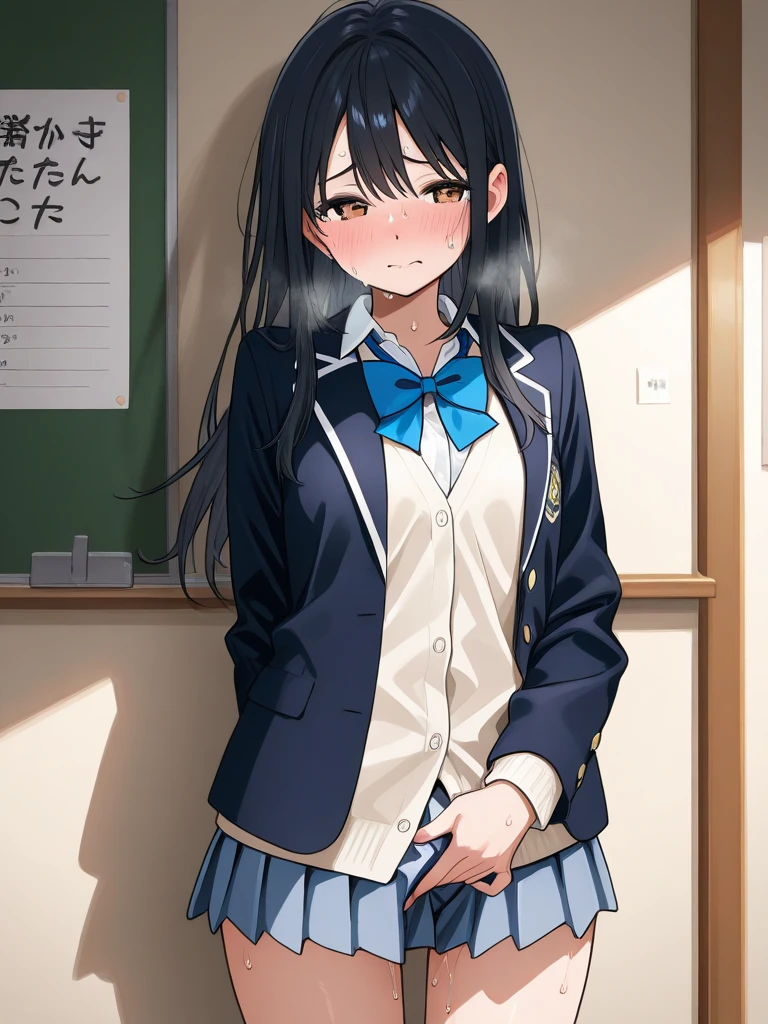 masterpiece,best quality,girl,ultra detail,petite,blush,shy,ushioautumnKC, long hair, black hair, school uniform, ahoge, pleated blue skirt, serafuku, sailor collar, kneehighs, cardigan, blue sailor collar, black socks, open cardigan <lora:ushio:0.7>