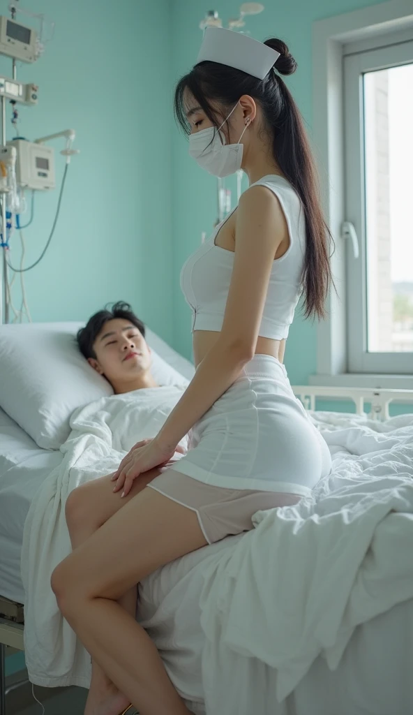 (photorealism:1.2), cute girl age 18, sitting on an hospital bed, wavy hair korean girl, wearing a knee length cute dress off shoulder,scared, her boyfriend age 22 is standing beside her and hugging her , a young doctor giving injection to her arm