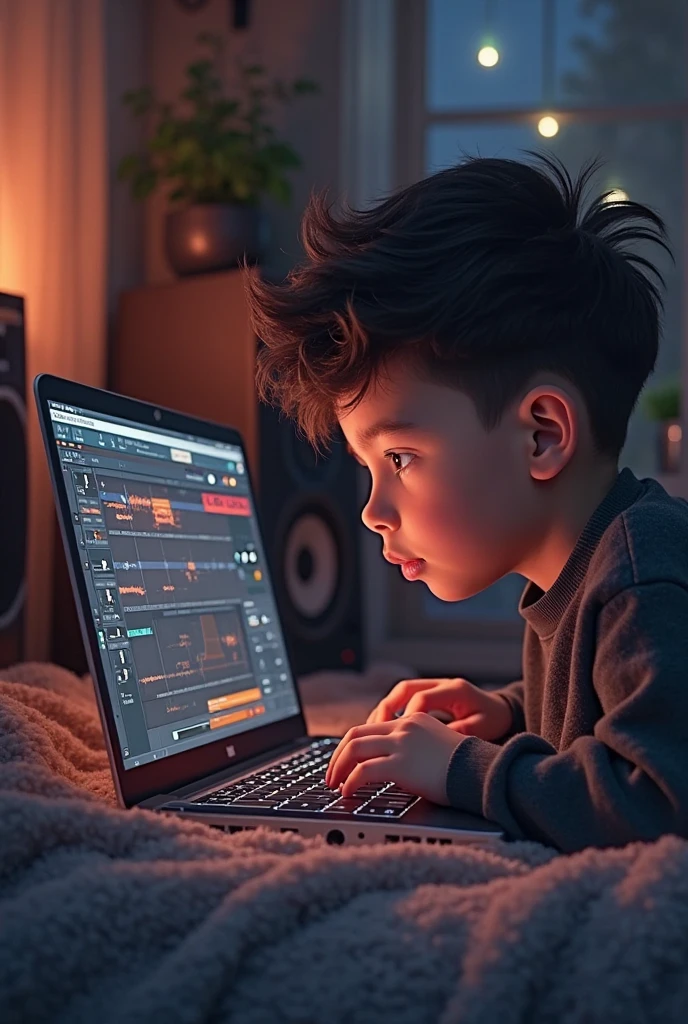 A boy doing voice over sitting at a computer in a studio