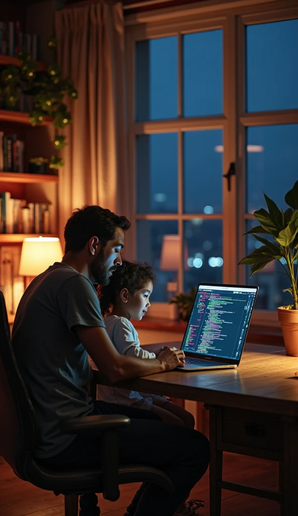 A short-haired IT expert wearing a black t-shirt is working in his room and there are three laptops on his desk., a cup of coffee, and vape. And beside him there was a five year old fat baby boy., short hair playing guitar. Real-like photo results.