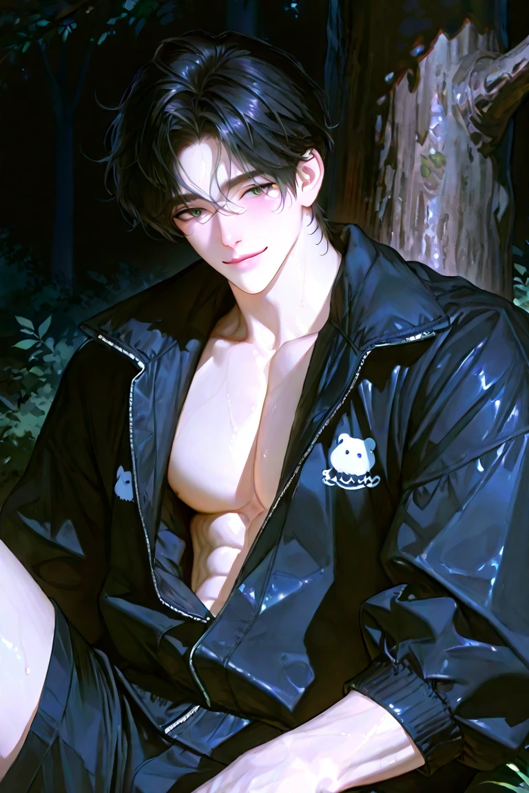 1 male, high resolution 4k, adult, handsome, perfect face detail, detailed eyes and face, clean shaved, sixpack realistic, white eyebrow hair, white eyelashes, Naked torso, Detailed face, perfect face, dynamic lighting, unreal engine, hd picture, satoru gojo, Jujutsu kaisen, white hair, short hair ,hair between eyes ,blue eyes, white skin, hold a cigarette, wolf ears, wolf tail, use a backpack, Slime on the shoulder