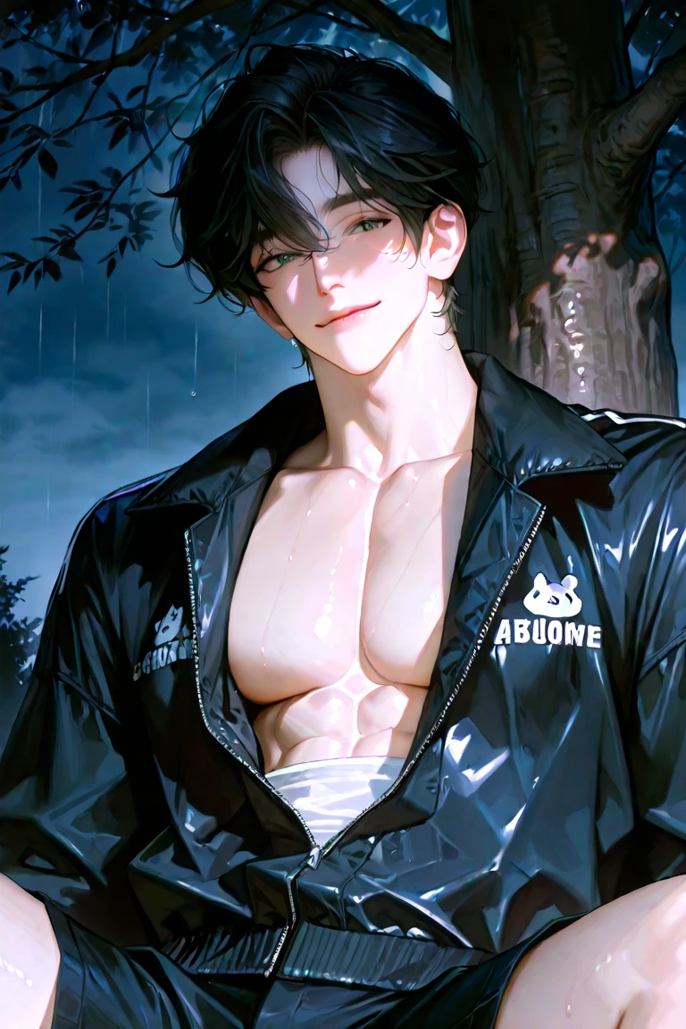 masterpiece, best quality, ultra high res, (photorealistic:1.4), (1boy), soobin, lean muscular, messy hair, bokeh, (black jacket hoodie, topless male), large pectorals, <lora:soobin:1.5>