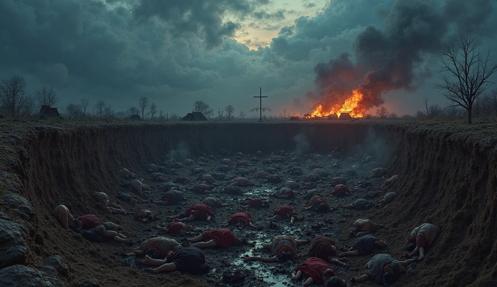 people lying in blood around a farm 