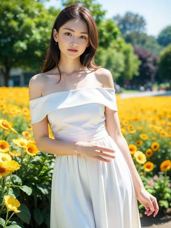 Highest quality, masterpiece, Ultra-high resolution, (Realistic:1.4), RAW Photos, One girl, White Dress, Off the shoulder, Flower Field, Glowing Skin, A light smile
