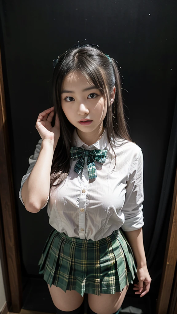 Highest quality, 16K high resolution, super detailed, masterpiece, Capture directly, reality:1.4, surreal:1.4, Sharp focus, very delicate and beautiful, small detail, 1 female, (Asia:1.2), (Blonde), (spread) your leg:1.3), (no underwear:1.3), (NSFW:1.1), (crotch position while peeing in the toilet), (supper beautifull), (Nice face:1.5), (Hair tied in 2 ponytails, wear socks), (detailed face), (beautiful and beautiful eyes), Perfect round eyes, (detailed lips), Lipstick, (eye liner), mascara, eye shadow, (green pencil skirt camouflage military uniform,), White shirt, blue vest, tie, At NSFW, big breasts, pink nipples, The girl inserted her hand into her vagina, crotch position while peeing in the toilet