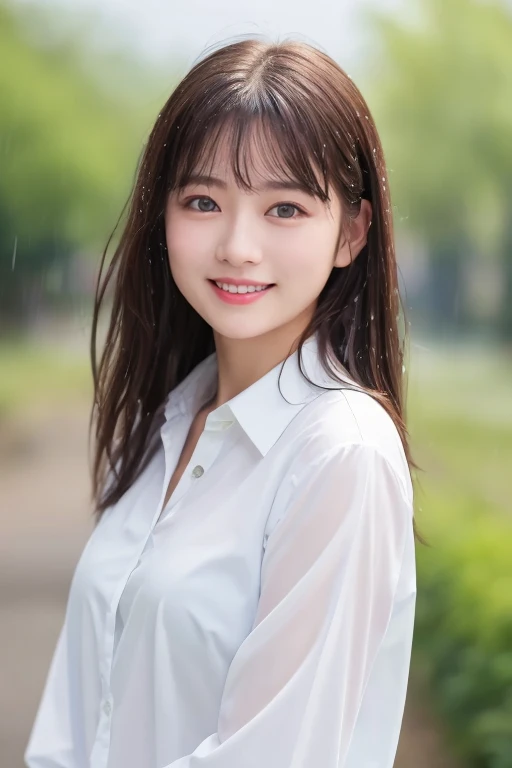 (Tabletop、highest quality、8k、Award-winning works、Ultra-high resolution)、One beautiful woman、(soaking white shirt:1.2)、(Soaking wet blonde:1.2)、(Soaking wet hair:1.2)、(Wet and shiny hair:1.2)、(Skin showing through a wet shirt:1.2)、(The wettest skin:1.2)、(Ultra-high resolution, Realistic water splashes:1.2)、(完璧で最も自然なUltra-high resolutionの水しぶき:1.2)、Colored contact lenses、Perfect Makeup、Long eyelashes、Beautiful eyeshadow、Bright and shiny lipstick、Very long wavy hair、(Biggest toothy smile:1.1)、(Very heavy rain is falling:1.4)、(Glowing Skin:1.2)、(A soaked woman:1.2)、(Face close-up:1.1)、(Strongly blurred natural green background:1.1)、(Strongly blurred background:1.1)、Accurate anatomy、Ultra HD Hair、(Ultra-high resolutionの完璧な美しい歯:1.1)、Ultra-high resolution beauty face、Ultra HD Hair、Ultra-high resolution sparkling eyes、輝くUltra-high resolutionの美肌、Ultra-high resolutionの艶やかな唇
