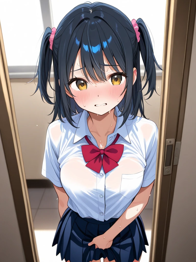 1girl, (((masterpiece))),(((half body))), wallpaper HD, top-quality, top-quality, High Details, masterpiece, best quality, ultra-detailed, illustration, 1girl, serika, school uniform, standing ,white shirt, blue necktie, black skirt, blue jacket, comic strip, soothing tones, Subdued Color, Soft cinematic light, adobe lightroom, photolab, HDR, intricately and hyper-detailed、(((depth of fieldasterpiece)))。(((top-quality))).)((ultra-detailliert)))。(((illustratio)))。(((takeout))).dynamic focus.big breasts.(((school))).(((A toilet))).(((Face of happiness))). open smile mouth.(((up chest))).((morning glow)).((the setting sun)).
