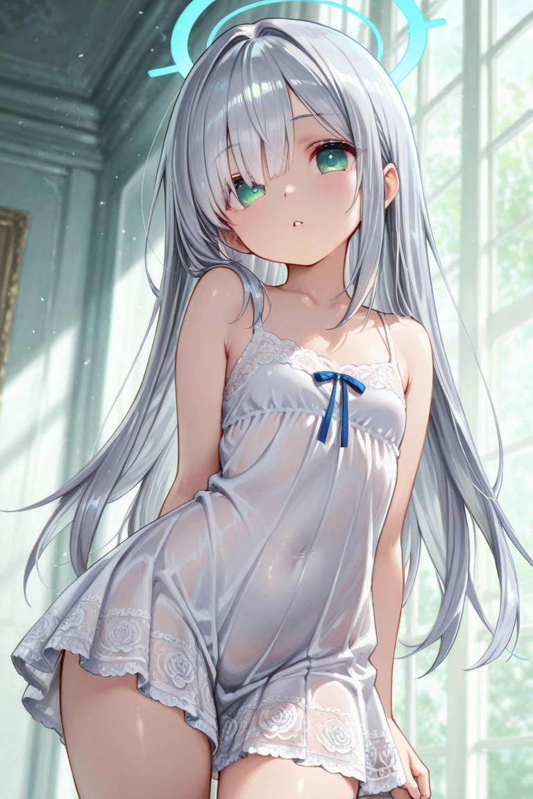 (high quality, High resolution, Very detailed, reality:1.37), Peaceful atmosphere, (Outdoor, garden), 5 year old girl standing alone, (my breasts are small.), Beautiful details, Cute Smile, (Long white hair), ((White sheer camisole dress)), White socks, White high heels、White Hat.NSFW、((Sheer milk))、((Crotch showing through))No panties