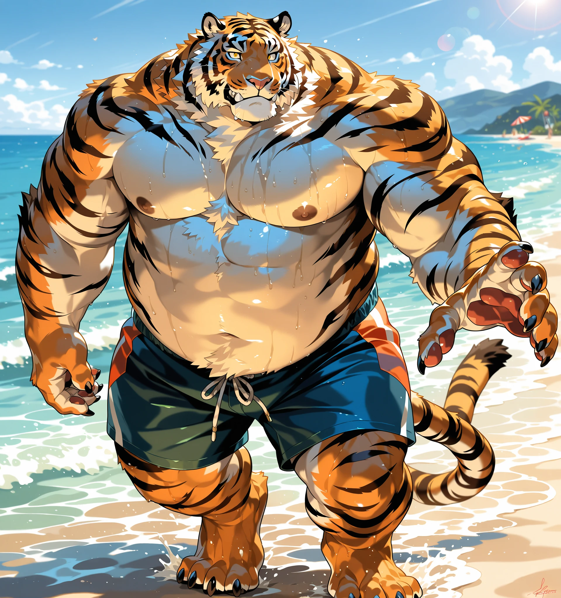 skinny tiger、Tiger face、big earing、a white bikini、Small face、slender body、Constriction of the lower back、abdominals、Jumping pose、Kicking Pose、one straight leg、Detailed soles、Detailed body hair、mane、profile、Body hair that was the opposite、fullnude、Upturned face、profile、Angry look、large amount of chest hair、large amount of belly hair、large amount of armpit hair、anime style big eyes、black eyes、sharp claws, white big fang、Composition looking up from directly below、Huge crotch、round bulging crotch、Milk is being poured on the crotch、Lower the corners of the mouth、the whole body is wet、Mass sweat、Gritting teeth、sand beach、White breath