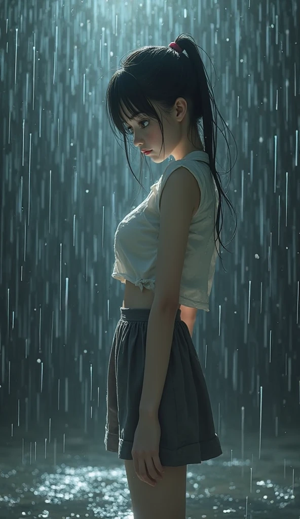 (Best-quality, Masterpiece, Ultra-High-Resolution, (Photorealistic:1.6), Raw Photo, depth of field, professional lighting, perfect anatomy, extremely details), 1girl, 15-years-old, the most famous Japanese idol, standing on street in heavy-rain, ((extremely wet body from heavy-rain, wearing extremely wet summer-dress from heavy-rain)), ((detailed heavy-rain):1.6)