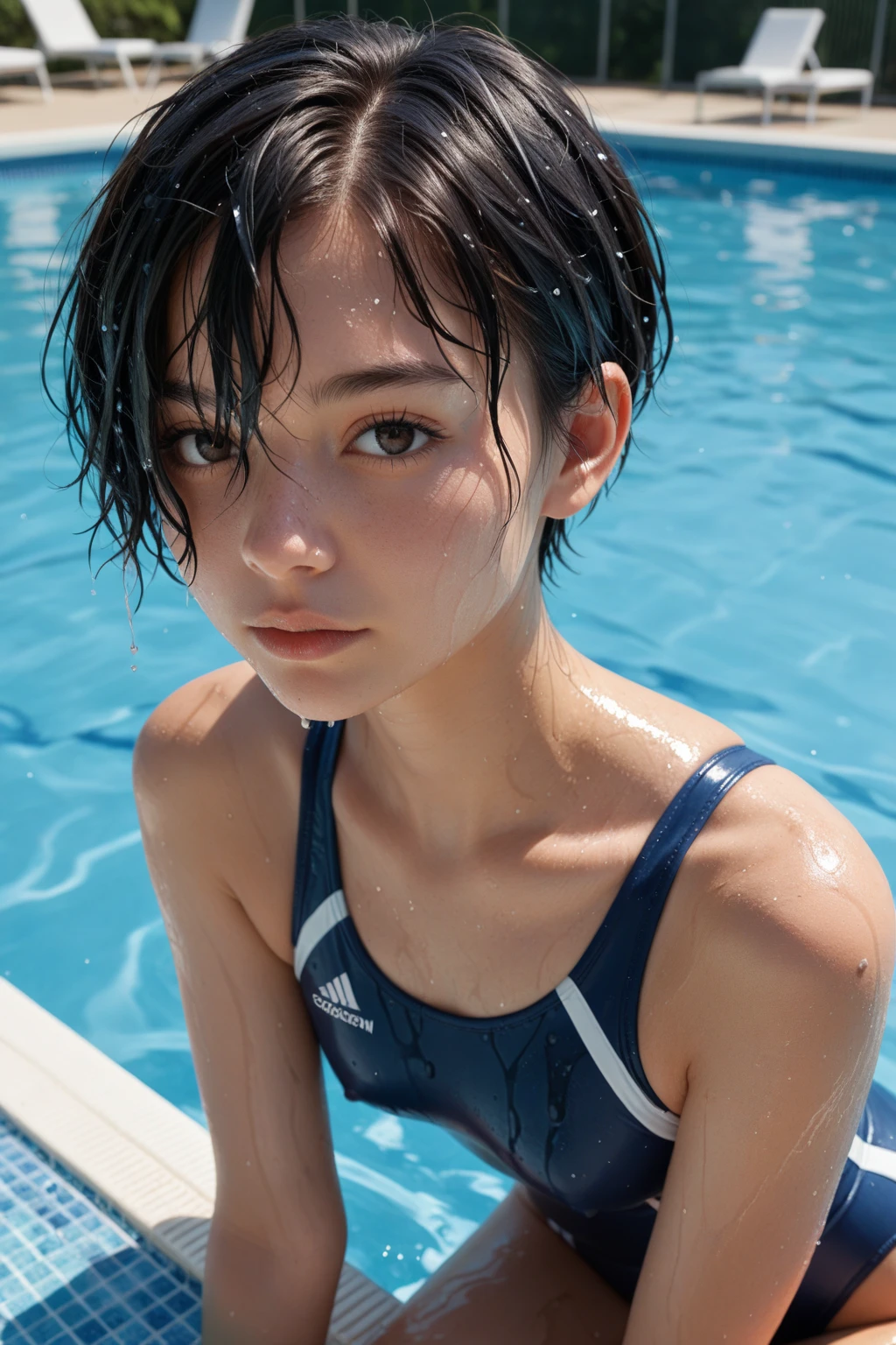 ((Swimmers))、(chrono swimming wear:1.5))、(masterpiece、highest quality) 、cute、(Medium chest:1.2)、((20 year old female:1.2))、Young adorable Japan face, (short hair:1.5),soft portrait shot,In 8K,cute college girl、(swimming pool:1.5)、