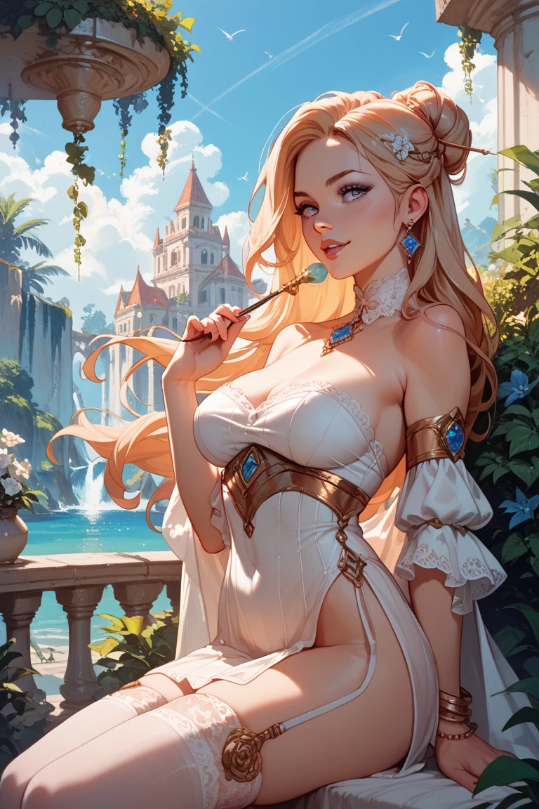 A Mature Woman with long hair in blue and white clothing holding a modeling pose, warrior, Zelda, full body Portrait of Zelda, Zelda legend, Photos cosplay, Ornate Cosplay, Professional Cosplay, Cosplay, Full Cosplay, Artgerm Moody Photography, Princess Zelda, Zelda as Triforce, Hyrule, Anime Garota Cosplay, ray-traced, 3d-render, extremely detailed, high quality, realistic light and shadow, hair loiros, eye reflection, slight smile, (Ultra Quality,Unparalleled Masterpiece:1.4)Overwhelmingly Pixel-Perfect,Ultra-Detailed CG 4K,(Ultra-Detailed Clear Absurdly-Vivid Jade Big Eyes:1.2),Gorgeous Round Detailed Face(Voluptuous:1.4)Elf(big Breasts:1.8)(Voluminous Long Blonde Hair: 1.4),ADULT(Bangs, Sidelocks:1.2)Seductive(intricately detailed white dress:1.3)(Zelda)(Celestine Lucullus: 1.2)(Solo:1.4)(1Girl: 0.5)(Facing Viewer:1.2)(arms behind back:1.2)(Cowboy Shot:1.2)(from above:1.1),Skindentation(Curvaceous:1.4)(Curvy:1.4)(Bimbo: 1.4)(Normal Waist: 1.2)(Thick Lips: 1.3)small-nose(light smile: 1.2)Rocks,Trees, Plants,Bush,Color Graded, dress as sailor venus