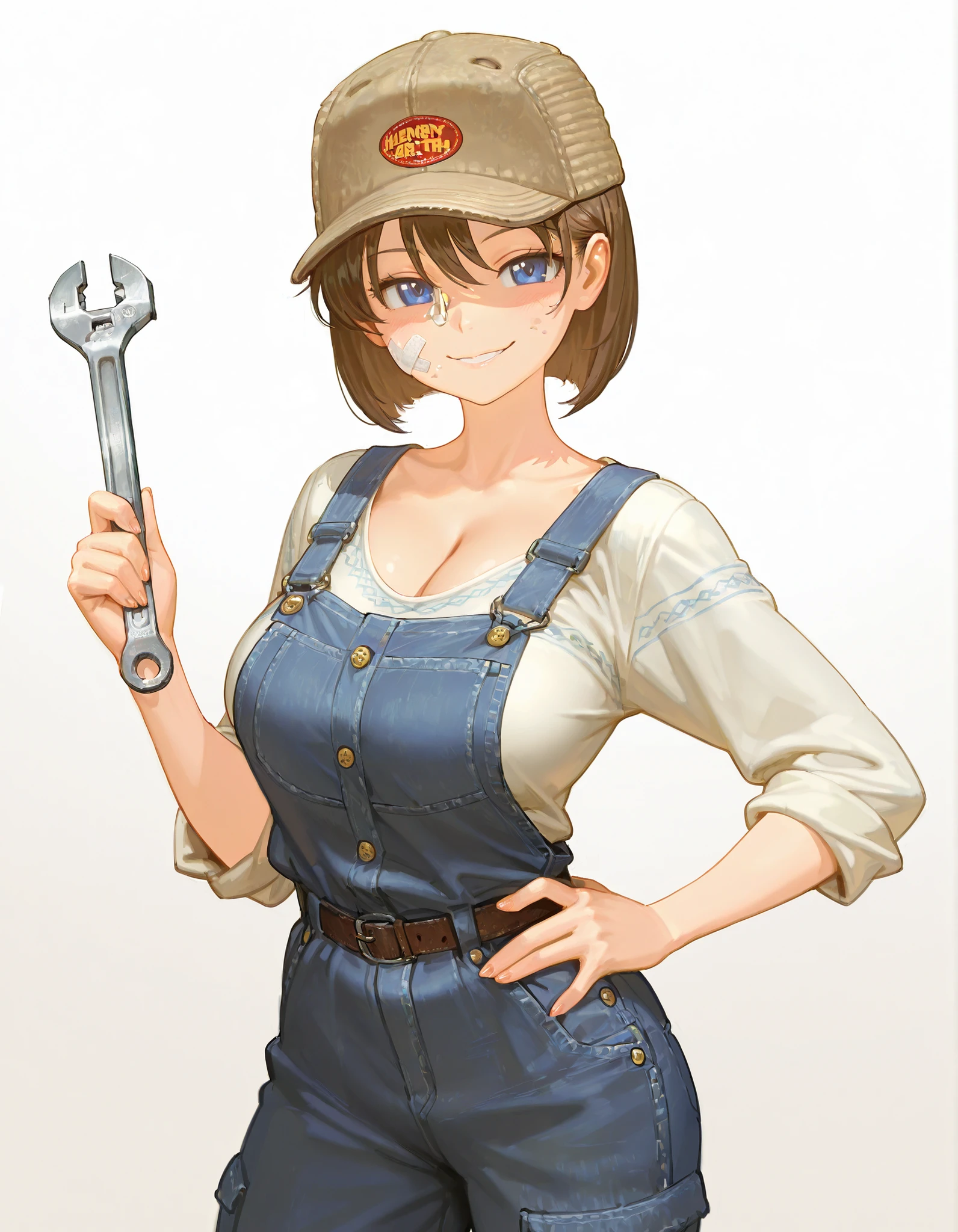 masterpiece, best quality, official anime illustration, (Henry Ford genderbend:1.3), (1girl:1.2), (solo:1.2), cowboy shot, from front, voluptuous body, large breasts, subtle cleavage, looking at viewer, standing, one hand on hip, (shoulder-rested steel big spanner wrench), wicked seductive smile, vintage 19th-century auto mechanic attire, indigo denim bib overalls with brass buttons and rivets, white rolled-sleeve chambray work shirt, leather belt-back adjuster, hunting cap, light smudges of grease on cheeks, short side-parted ash-brown bob hair tucked behind ears, rim light, sharp line-art, vivid cel shading, simple white background