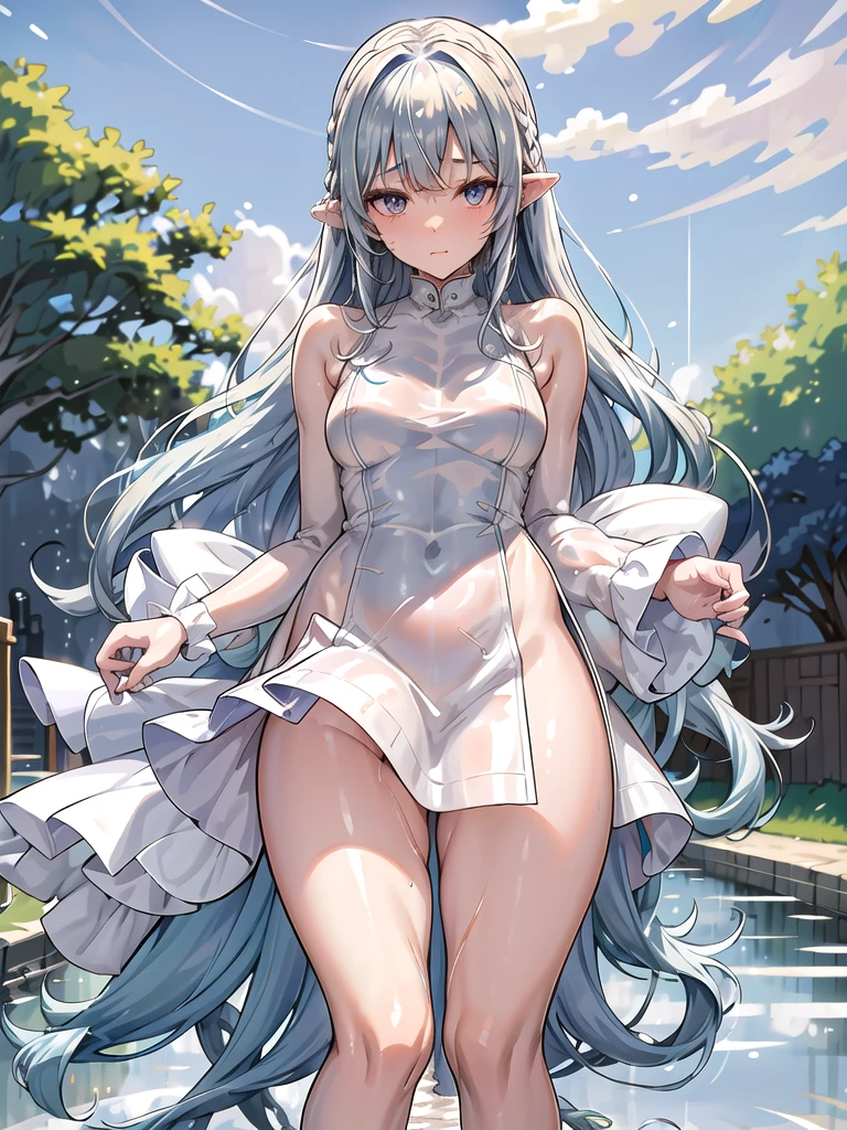 1girl, nsfw, anastasia, Blue eyes, GREY HAIR, HAIR BETWEEN EYES,, LONG HAIR, bangs,, 17years old, large Breasts, nsfw, nipple, naked, empty eyes ,Russian palace, Walking, Blank look, frozen, (Sweating profusely, Love juice, Wet Woman, female ejaculation), , crying ,crying, Naked, , (1girl) solo, Peeing, lactation, projectile lactation