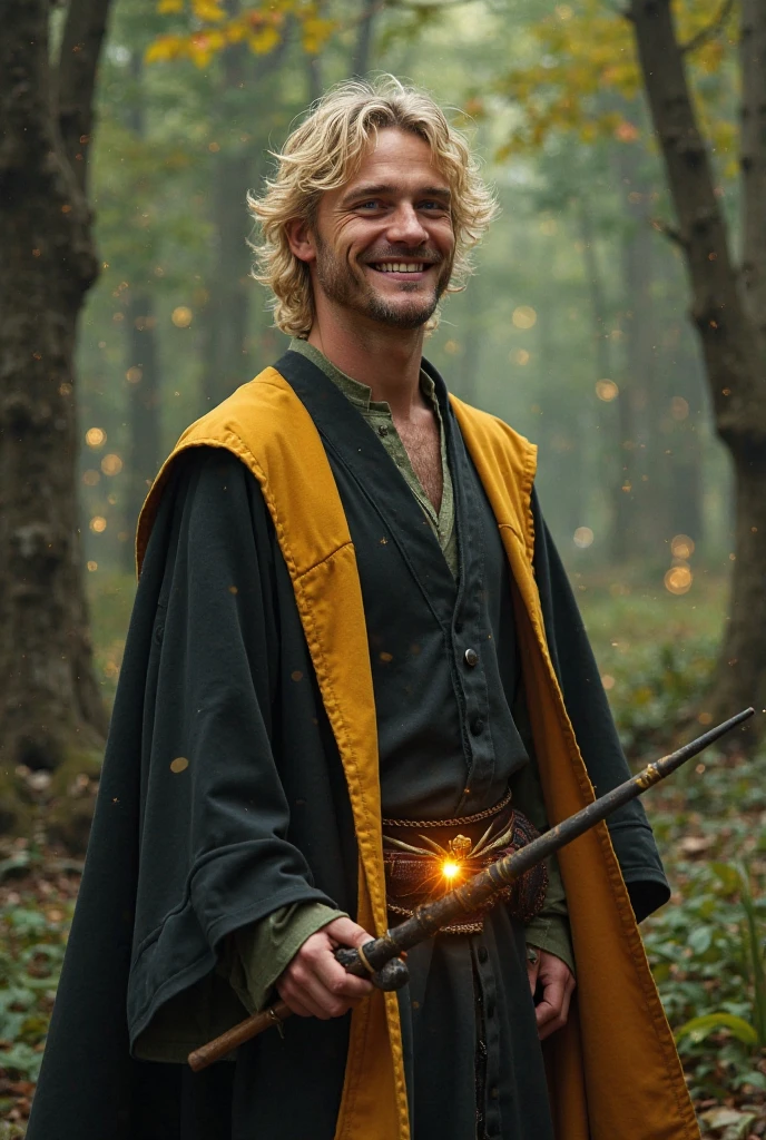 A man holding a cigarette with blonde hair and emerald green eyes, a handsome face and wearing a Slytherin robe and an ai nuance with an anime style