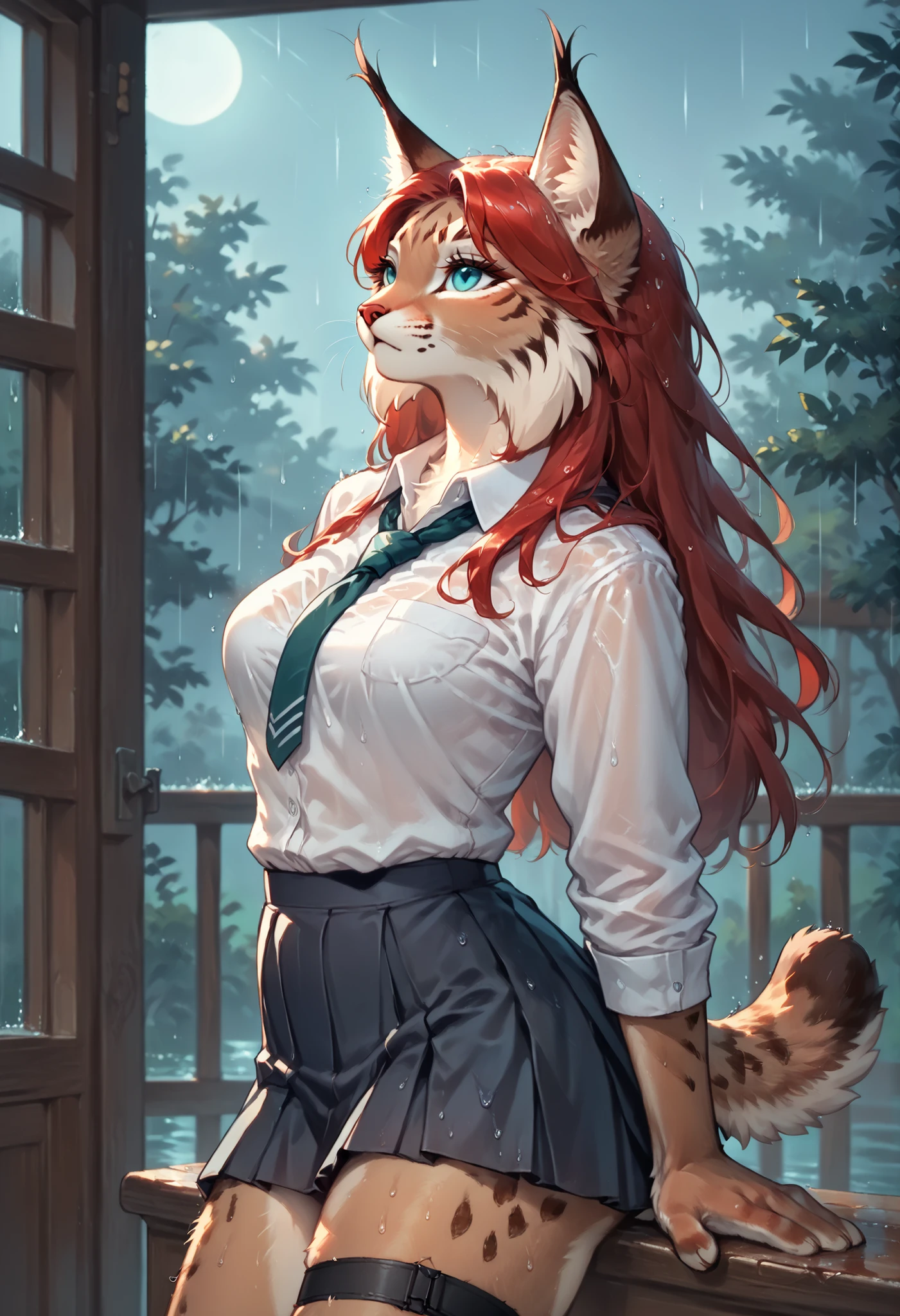 emberlynx, female anthro lynx, anime newest artstyle, long red hair, brown body, turquoise eyes, subtle abs,school uniform, skirt, legbands, seductive pose, rain, wet hairs, wet fur, (((looking up))), side view, detailed background