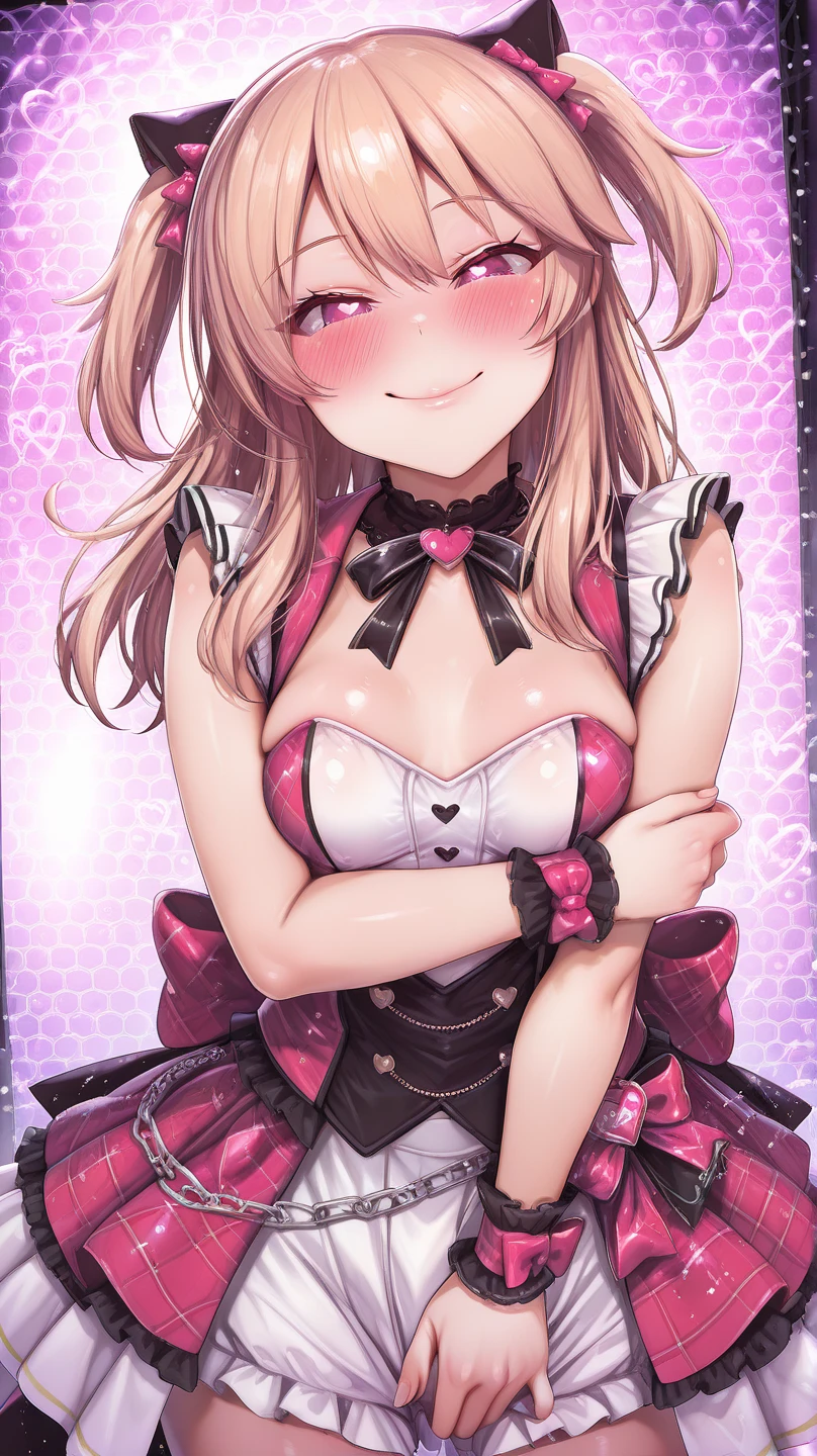 masterpiece, best quality, very aesthetic, absurdres, newest,1girl,upper body,,open_mouth,fellatio_gesture,FellatioGesture,heart-shaped eyes,,konjiki_no_yami(to_love-ru), to_love-ru,1girl, blonde_hair, long_hair,  two_side_up,   red_eyes, small_breasts, black_shirt, black_skirt, black_sleeves, Four-pointed_star_cleavage_cutout, detached_sleeves,long_sleeves, thigh_strap, tsurime,wide_sleeves,bare_shoulders,in gym