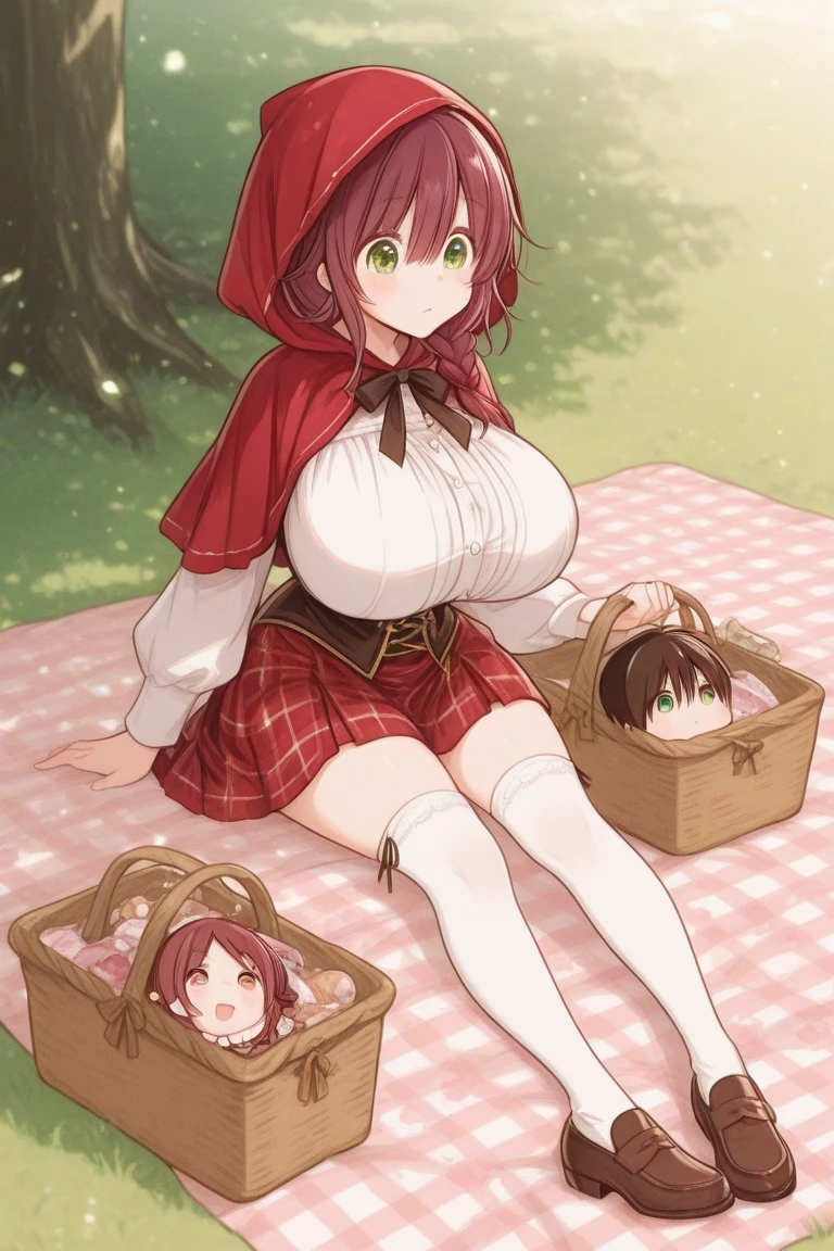 Solo, female, wolf ears, wolf tail, wild long brown hair, red eyes, huge woman, tall, broad shoulders, huge breasts, forest, furry claws, red riding hood, smile, picnic basket, white dress, brown fur, muscular:0.5