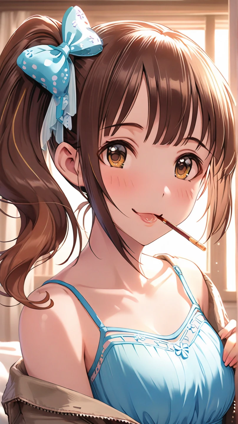 detailed illustration, dynamic angle, ultra-detailed, illustration, 1girl, 18 year old, school girl, wavy brown hair, long hair, bright brown eyes, cleavage, medium breasts, chicken costume, playing with model trains, 1 small bowl of chowder, narrowed eyes, sexy smile