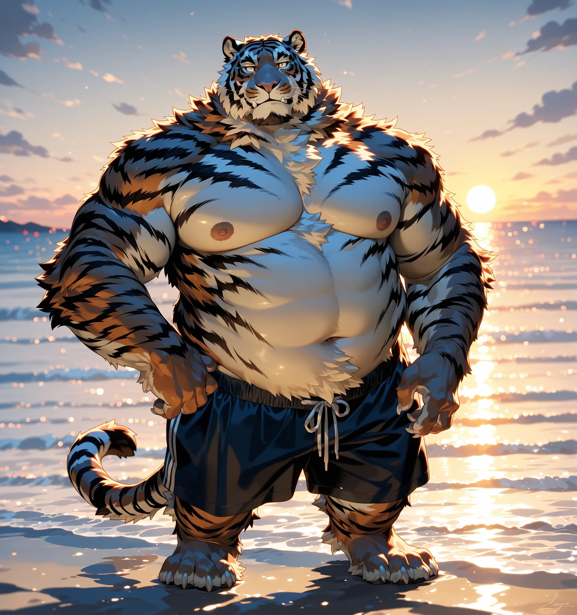 Sweaty muscular naked upper body on the beach hairy anthropomorphic chest hair serious face(Scar on face) Mature (Blue eyes)Huge muscular ripped abs wild,Tiger of tribal ambition