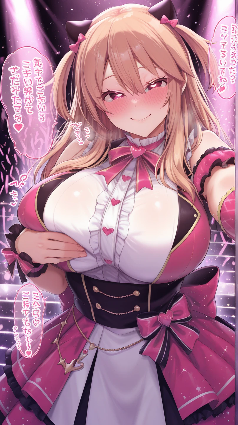1girl,ichigaya arisa,bang dream!,gold hair,twin tails,blonde eyes,bangs,medium breasts,looking at viewer,cowboy shot,smile,happy,open mouth, leaning forward,seductive smile,see-through,lift up skirt,cleavage between breasts,seductive smile,naughty expression,camisole,lift up skirt,sexy pose,seductive smile,heart