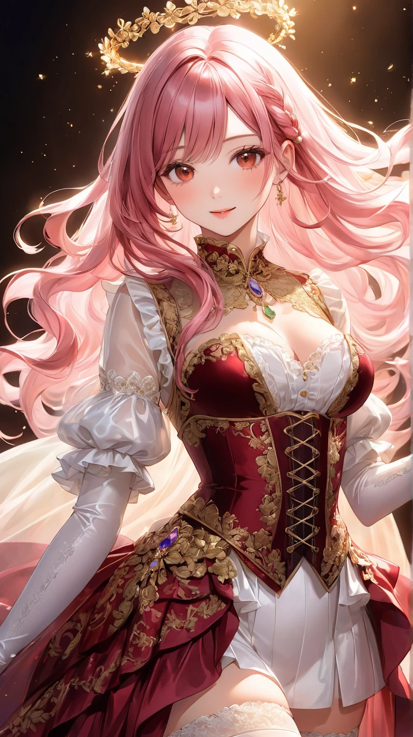 (Moe anime art style:1.3), (masterpiece), ((Highest quality)), ((High resolution)), (unity 8k wallpaper), (((ultra detailed)))
BREAK
(((A young-looking princess))), (18 years old), ((full body)), ((huge breasts)), breast focus, cleavage cutout, Sweat on the chest,
BREAK
(((gorgeous princess rococo ballgown dress with voluminous full length hoop skirt and long hem))), (crinoline dress), ((Shiny dark red taffeta fabric)), (rococo ballgown dress with plenty of frills and luxurious embroidery), (over skirt with plenty of frills and luxurious embroidery), (Precision Racing), 
BREAK
(((super delicate and beautiful face))), ((Delicate beautiful eyes)), hyper detail eyes, ((Beautiful Lips)), beautiful blue eyes, (face focus), Beautiful smile,
BREAK
(((Pink Hair))), ((Fluffy ponytail)), Curly Hair, (Expressive hair), (very voluminous long hair), Spreading hair, bangs, Beautiful silver and jeweled hair ornaments, 
BREAK
(light sparkles:1.5), (depth of field:1.5),(magnificent panorama view:1.5),