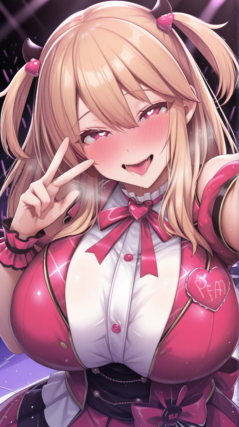 darkskin++++, tanned, dark brown skin1:5, orange hair++++, twintails++, pink eyes+++, big breast+, plump lips, thick lips,pink bow symbol++, heart symbol++, detailed eyes, 4 k digital art, HD+, pink school outfit+, cleavage+, big lips+, grin++, wide eye, room background, pink sheets+, detailed clothes, looking forward, selfie,