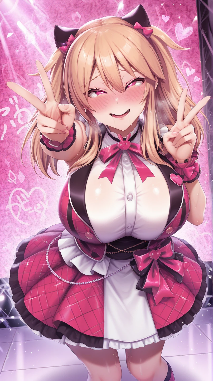 masterpiece, best quality, 1girl,blonde hair,Sui, (finely detailed heart shaped pupils and detailed face),,cowbody shot,lovestruck,extremely detailed picture unity 8k wallpaper,solo,(latex maid costume:0.9),glamour body,seductive smile,latex thighhigh