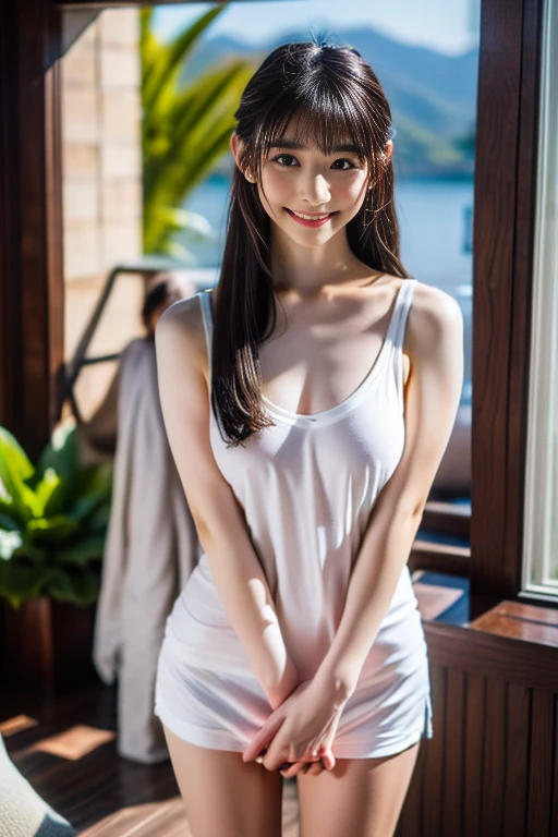 masterpiece、high resolution、((camisole:1.3)) 、(panties)、((small breasts 1:1.3))、((small breasts))、(A cup bust)、((small tits:1.3))、RAW photo、16K、(Bokeh:1.3)、
35 years old、Japanese、beautiful face、(bright smile:1.1)、juicy lips 、Super detailed、High resolution、one girl、Full body Esbian