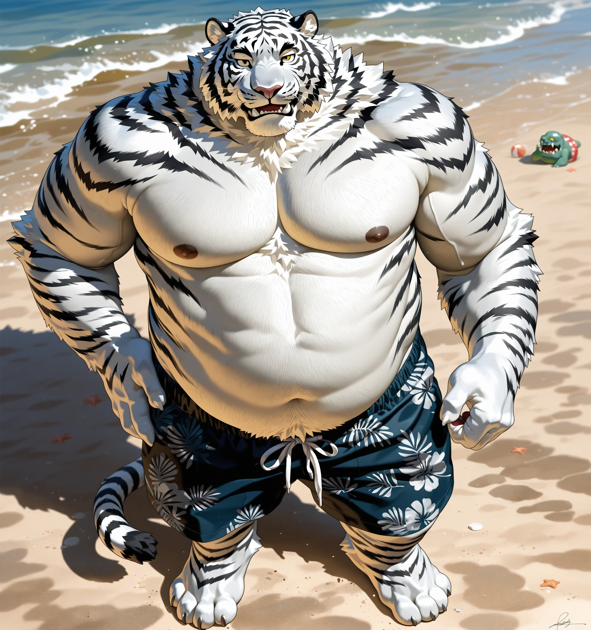 Masterpiece, Solo, Furry Black White Tiger, Blue Eyes, Medium Black Hair, Medium Black Facial Hair, Muscular Body, Cool Pose, Handsome, Good Looking, Adult, Fierce, Smirking, Summer outfit, summer background.
