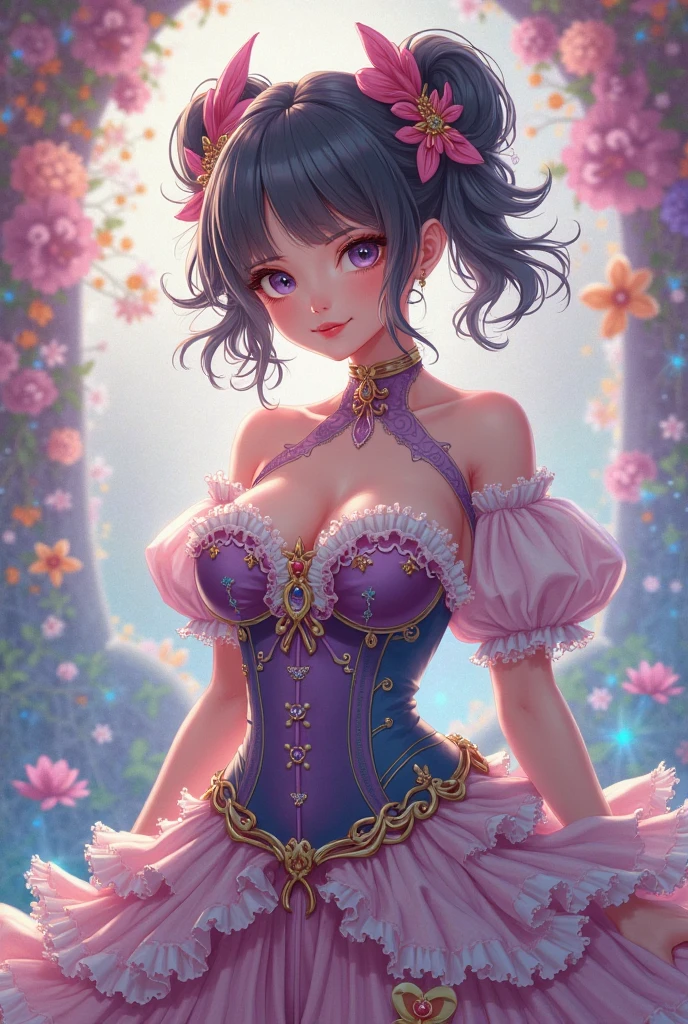 (This is a beautiful, intricate, (romatic) fantasy image that emphasizes beauty and grace.) Generate a blind curvy woman with soft natural freckles. Her face is important and should be (perfectly formed) with (beautiful puffy lips) and (perfect features). There is a cute freckle birthmark on her lip. The image exudes ethereal beauty and soft fantasy, with shimmering shades of pink throughout. Surround her with eternal roses in shimmering shades. Ensure perfection in her face, hair, and eyes. Include sweet and detailed birds and soft, luminous flowers and detailed roses. Utilize dynamic composition and dramatic lighting and cinematic lighting to create an interesting fantasy image. The background of the image is interesting and ultra-detailed, with soft fantasy lighting and gradients. Include fantasy details, cute aura, colorful, colourful, and interesting magical background. ((pretty room)), ((bed)), The image's background is decorated in shades of pink, shimmer, glitter, and fantasy details like colored bubbles and cosmos. Include subtle freckles, natural freckles and a diffused realistic skin tone. Incorporate elements of high fantasy, whimsy, and detailed elegance. English rose, princess, courtesan, noblewoman, sweet, lovely, calm, lovely, shimmering, glimmering, glittering, astrological fantasy, (((masterpiece))), (highest quality), magic rose, fantasy garden, beautiful face, perfect face, puffy lips, interesting, shy smile, fantasy elements, magic rose, beautiful eyes, perfect puffy lips, jewel tones, luminosity. Taken with a canon camera.