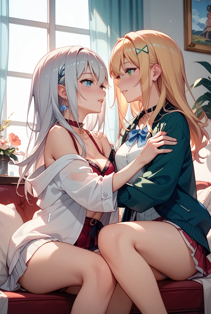 Anime woman with long, white hair and wearing a whitestocking, emotionally engulfs a schoolmate in a comforting hug. Their faces are expressive, revealing feelings of warmth and companionship. The school background is depicted with intricate details, such as chalkboards, desks, and windows, creating an immersive atmosphere. Soft lighting illuminates the scene, highlighting the woman's pure intentions and the tender moment they share.