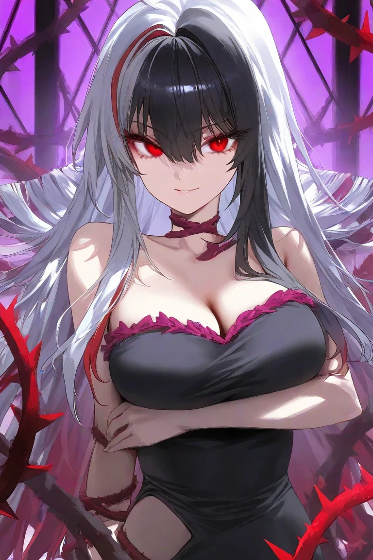 Female monster with long white hair, Eyes red, large size breasts, big mouth with sharp teeth, long tongue, oil painting, six horns ((perfect female figure)), long white hair, Eyes red, mature woman, milf, narrow waisted, gazing at viewer, seductively pose, vampire's teeth,pale skin