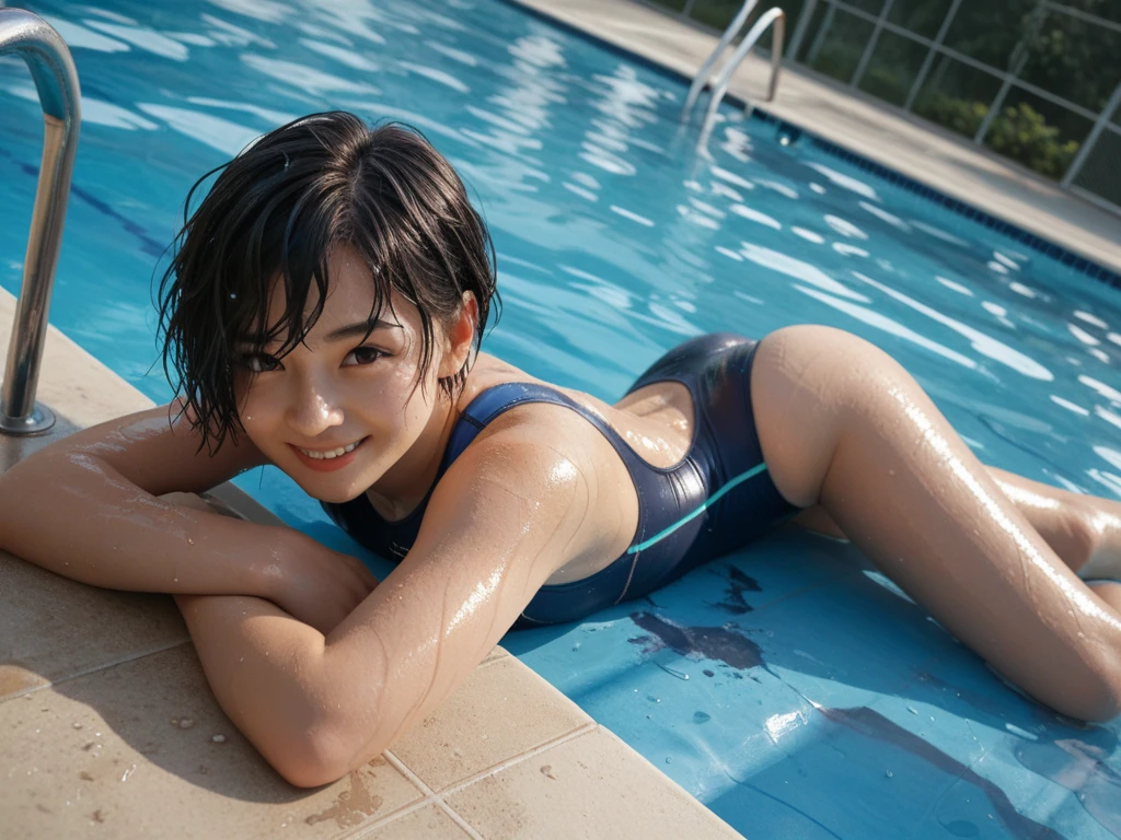 (8K、超A high resolution、Best Quality、masuter piece、Photorealsitic、The ultra -The high-definition)(huge tit、Pretty big breasts、Beautiful butt:1.18)(High Leg Swim Racing Suit、Crotch indirect、(Always lie face down on the ground)、Always solo、1a person:1.28)(Black hair semi-long bob:1.15)A Japanese Lady、Super cute、Competitive swimsuit、Smile happily(Singapore hotel rooftop pool)