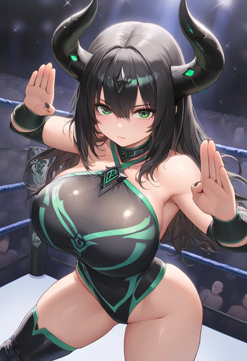 (absurdres, best high quality image, carefuly detailed features and textures, very detailed image, solo character alone): {{(1character: 900 years old elf noble mature beautiful milf), (dark brown short spiky hair with ahoge, fair skin, purple eyes, brown eyebrows, absolute feminine elder beauty, beautiful and sexy features, huge breasts, tall voluptuous body, beautiful arms, beautiful legs, short pointy ears, beautiful hips, giant butt), (Purple one-piece wrestler leotard, cleavage, purple arm sleeves, white elbow pads, white gloves, purple wrestler boots, white knee pads), (cheerful smile, cheerful face, cheerful expression, happy personality, toying and playful demeanor, dancing sexy), (She is doing: dancing and shacking her butt at the castle's gym in the wrestling ring)}}