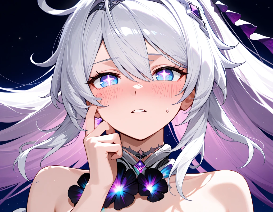 nafw,(2 girls),(duo),portrait,breast,absurdres,best quality,very aesthetic,absurdres,bra,(light silver White hair),太もも,(purple),(straight-on),(long hair),(gown),(bare breasts),(huge),(double v)