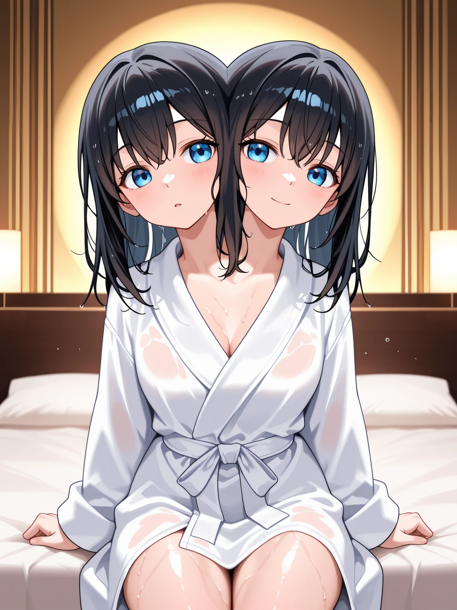 two heads, conjoined, anime girl with two heads, wet black hair, blue eyes, refreshed, relaxed, white bathrobe, sitting on a hotel bed