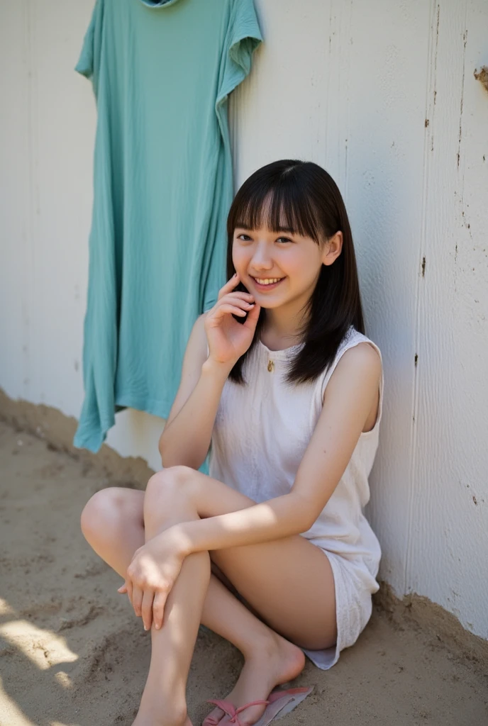 Beautiful woman looking at camera、detailed photo、petite person、(Slimed、small tit、flat boobs、small tit)、sexy pose:1.2、Wet body、sodden、sexy pose、Wet body、sodden、A slender、From above、Delicate and sexy collarbone、16-year-old woman、toru & Field Athlete、(Navy Blue Sport Mini Dress)、Painted from head to knee、Show your teeth and laugh out loud、playground