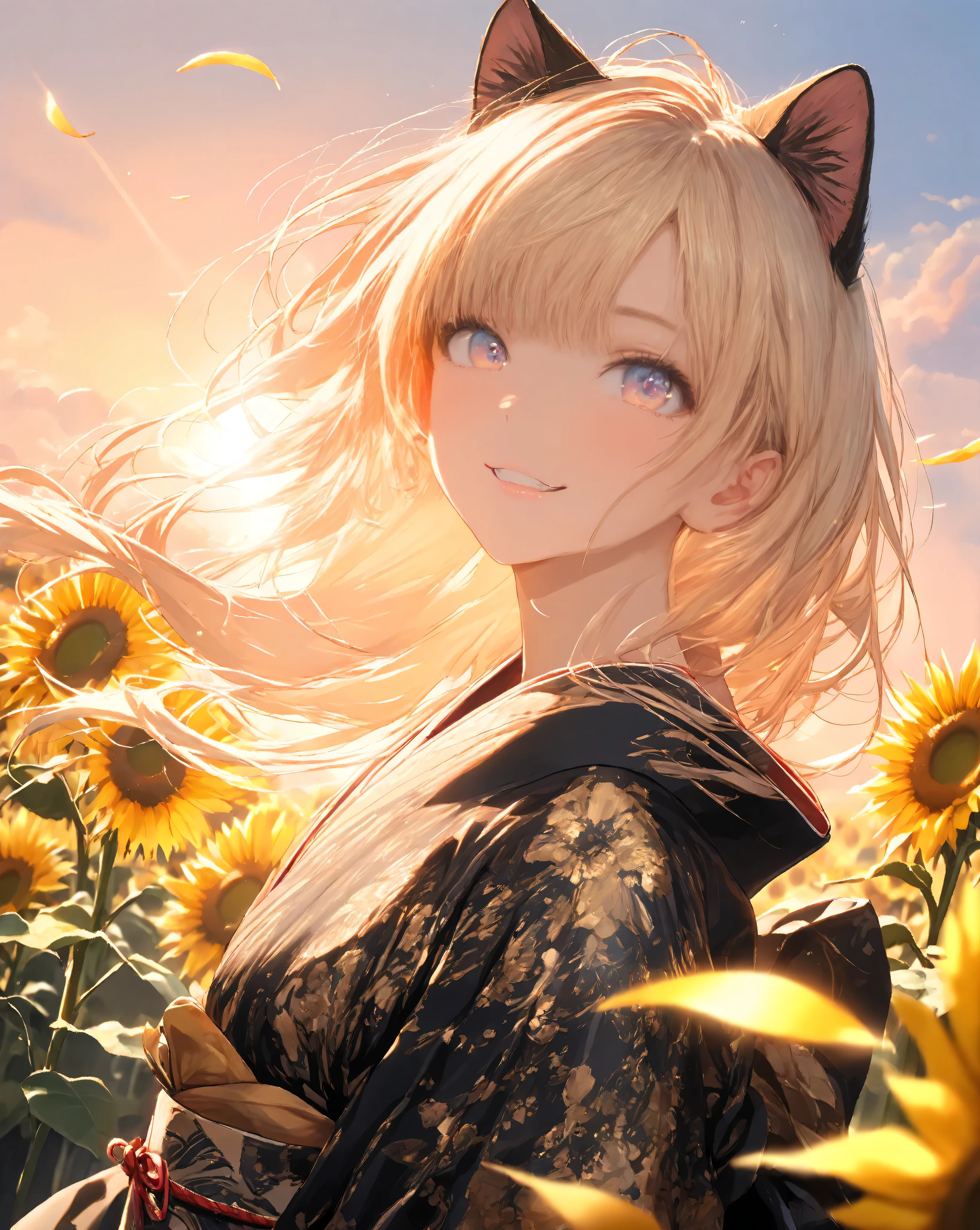 Quality: 
(high score), (masterpiece, detailed:1.2), (ultra-detailed), (ultra-quality), (super-resolution),(detailed-background) 

Art Style: 
(photorealistic):1.4, (2.5D):1.5, (golden hour lighting):1.6, (warm cinematic lighting):1.5, (volumetric light rays):1.4, ray tracing, depth of field, (vibrant sunset pastel palette):1.3, dramatic angle, (ethereal atmosphere):1.2, (dreamy aesthetic):1.1

Subject: (close up),(Foreground), 
(Breathtaking Fairy Cat Woman):1.5, (Sassy Paw pose):1.2,(triumphant-grin):1.4,(determined expression), (delicate vivid eyes),(delicate and moisturized lips),(smooth and Slender body lines):1.3, (translucent and moisturized skin), (graceful knee lines), (natural and beautiful leg lines), (delicate body contours),
(blonde hair with Soft Light):1.2, shimmering with digital light, meticulously detailed strands of hair, silky smooth texture, flowing like it flutters in the wind, natural shading and highlights,
(delicate cat ears):1.3,(delicate cat tail):1.3,(kimono from which the cat tail emerges):1.2,

Outfit: 
(black kimono with gold floral patterns):1.6, (soft chiffon kimono fabric):1.4, (golden obiage):1.3, (red obijime):1.3, (wide golden fukuro obi with floral pattern):1.4, (traditional zori sandals), kimono with draped sleeves, red accents on kimono collar, thin red ribbon in hair

Background : (Midground & Background),
(Sunset gradient sky):1.5, (warm orange to golden yellow gradient), (soft pastel colors), (field of sunflowers in the foreground):1.4, (sunflowers facing the sunset), (detailed sunflower petals and stems), (bokeh effect on sunflowers):1.3, (shallow depth of field), (distant rolling hills):1.2, (softly blurred background), (golden hour lighting):1.6, (warm and soft light), (lens flare), (subtle rays of sunlight):1.1, (dust particles in the air)  