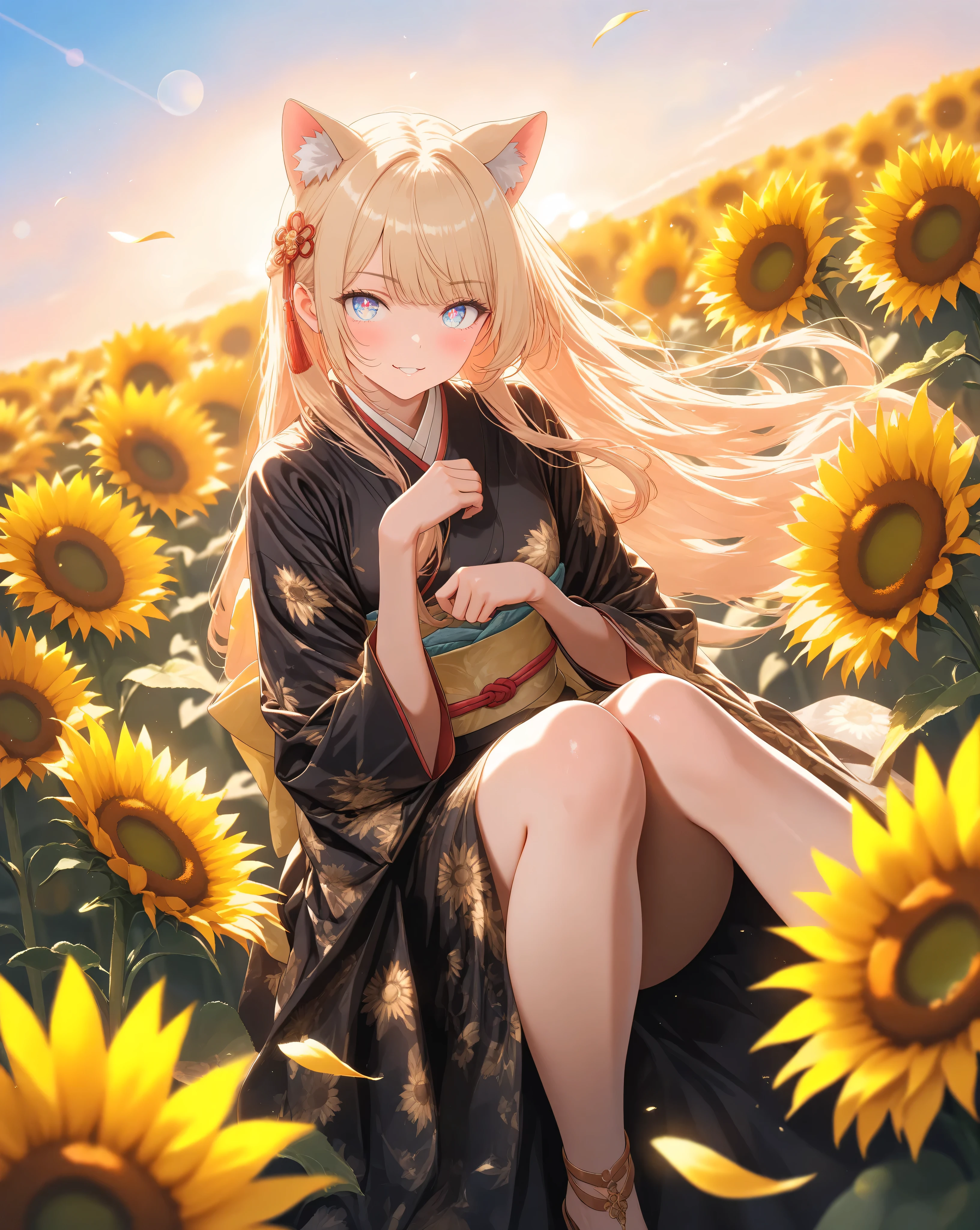 Quality: 
(high score), (masterpiece, detailed:1.2), (ultra-detailed), (ultra-quality), (super-resolution),(detailed-background) 

Art Style: 
(photorealistic):1.4, (2.5D):1.5, (golden hour lighting):1.6, (warm cinematic lighting):1.5, (volumetric light rays):1.4, ray tracing, depth of field, (vibrant sunset pastel palette):1.3, dramatic angle, (ethereal atmosphere):1.2, (dreamy aesthetic):1.1

Subject: (close up),(Foreground), 
(Breathtaking Fairy Cat Woman):1.5, (Sassy Paw pose):1.2,(triumphant-grin):1.4,(determined expression), (delicate vivid eyes),(delicate and moisturized lips),(smooth and Slender body lines):1.3, (translucent and moisturized skin), (graceful knee lines), (natural and beautiful leg lines), (delicate body contours),
(blonde hair with Soft Light):1.2, shimmering with digital light, meticulously detailed strands of hair, silky smooth texture, flowing like it flutters in the wind, natural shading and highlights,
(delicate cat ears):1.3,(delicate cat tail):1.3,(kimono from which the cat tail emerges):1.2,

Outfit: 
(black kimono with gold floral patterns):1.6, (soft chiffon kimono fabric):1.4, (golden obiage):1.3, (red obijime):1.3, (wide golden fukuro obi with floral pattern):1.4, (traditional zori sandals), kimono with draped sleeves, red accents on kimono collar, thin red ribbon in hair

Background : (Midground & Background),
(Sunset gradient sky):1.5, (warm orange to golden yellow gradient), (soft pastel colors), (field of sunflowers in the foreground):1.4, (sunflowers facing the sunset), (detailed sunflower petals and stems), (bokeh effect on sunflowers):1.3, (shallow depth of field), (distant rolling hills):1.2, (softly blurred background), (golden hour lighting):1.6, (warm and soft light), (lens flare), (subtle rays of sunlight):1.1, (dust particles in the air)  