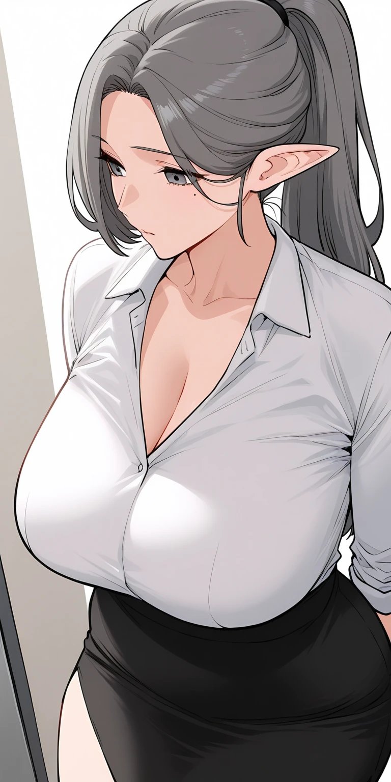 1 milf, long black hair, very big breasts, wearing glasses, smiling lewdly, blushing
