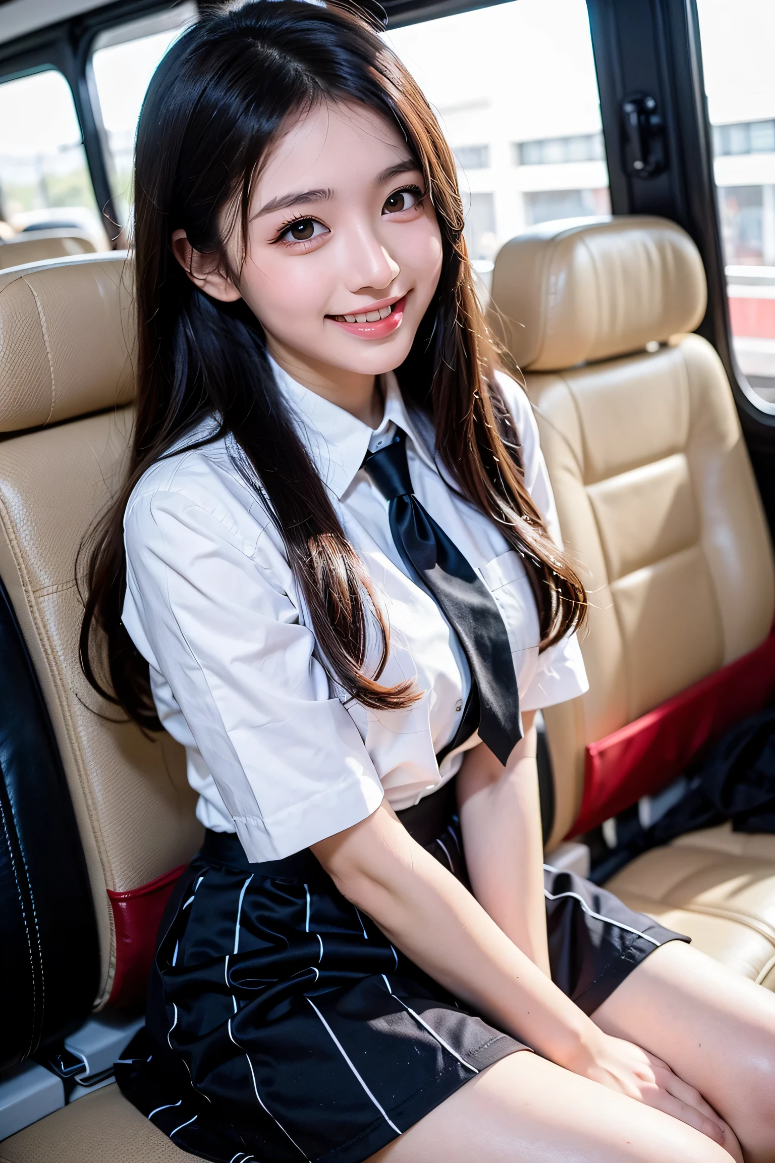 Very detailed CG Unity 8k wallpaper、highest quality、Very detailed、masterpiece、reality、Photorealistic、Very detailedなかわいい女の子、18-year-old、(High school girl in Japan uniform)、((White short sleeve buttoned shirt:1.4))、((Shooting from the front:1.4))、((Dark blue bow tie:1.4))、((Sitting in the passenger seat of a sports car:1.4))、((Smile:1.4))、blush、Cleft lip、Looking at the audience、((Cowboy Shot:1.4))、(Navy blue short pleated skirt:1.5)、(short sleeve white shirt for students)、((Straight medium long hair:1.7))、(Beautiful Face:1.3)、(Perfect Proportions:1.2)、(Long legs:1.2)、(Small breasts:1.3)、((Upper Body))、((White panties are visible:1.4))、Angle from below、reality、