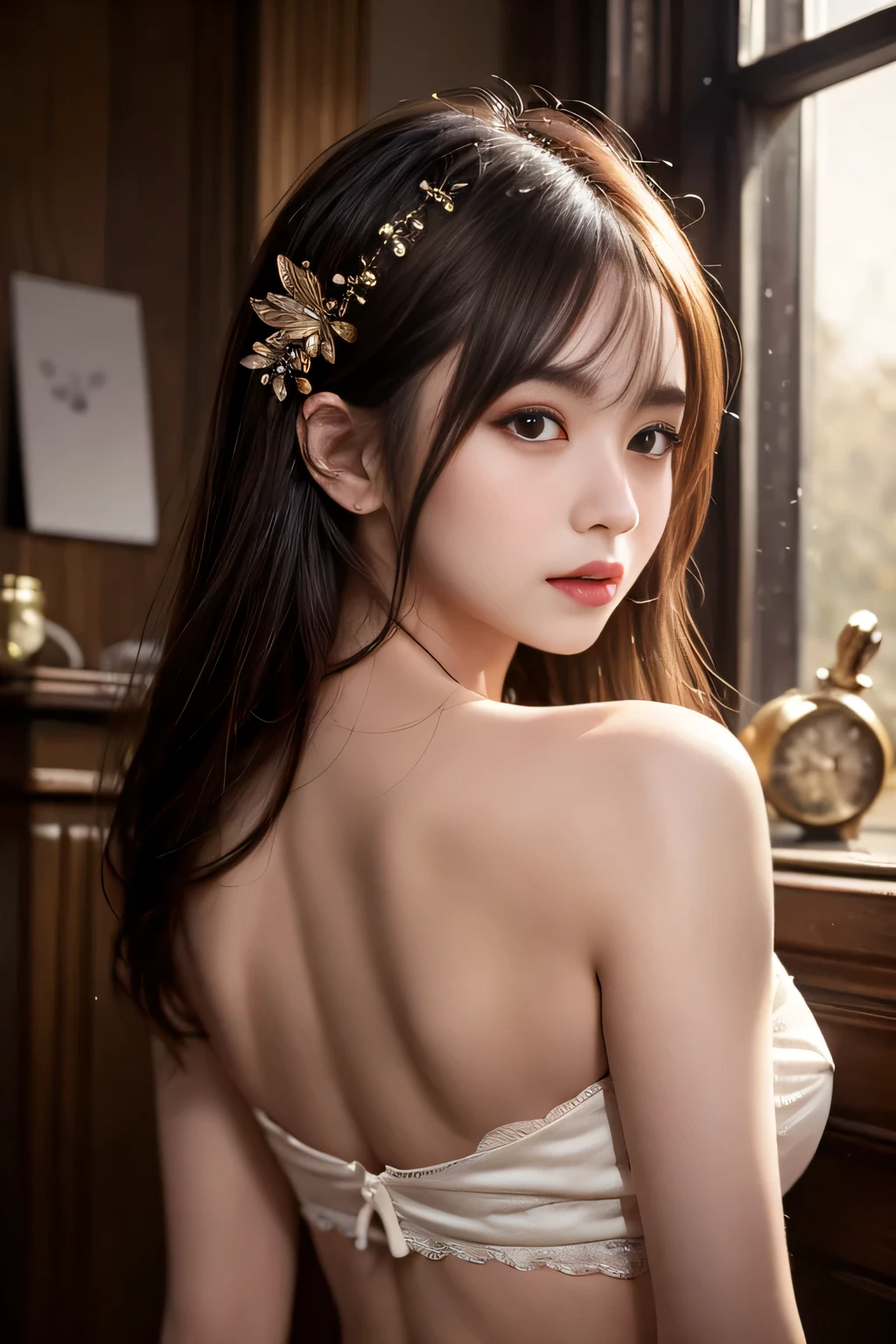Top quality masterpiece 8Kmasterpiece Super detailed facial details Draw the face in detail A woman wearing only a maid's apron Nogizaka Idol Asuka Saito Plump breasts Upper Body Kawaii pose sexy pictures Focus on the face Close up photography professional lighting Vivid photos Sexy heavy bangs Sexy pose