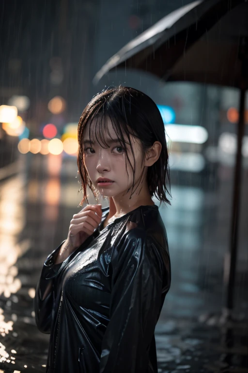 Wet roads ,drenched, Dripping, Wet Face,Wet clothes, Wet Skin, Wet Hair,A young woman with a cute face like a Japanese idol,(Cleavage),((Cinema lighting),(Natural light),(High level of artistry),(Artistic),(Quality indistinguishable from real life),RAW Photos,Genuine,Genuine,High resolution,RAW Photos,masterpiece, beautiful
