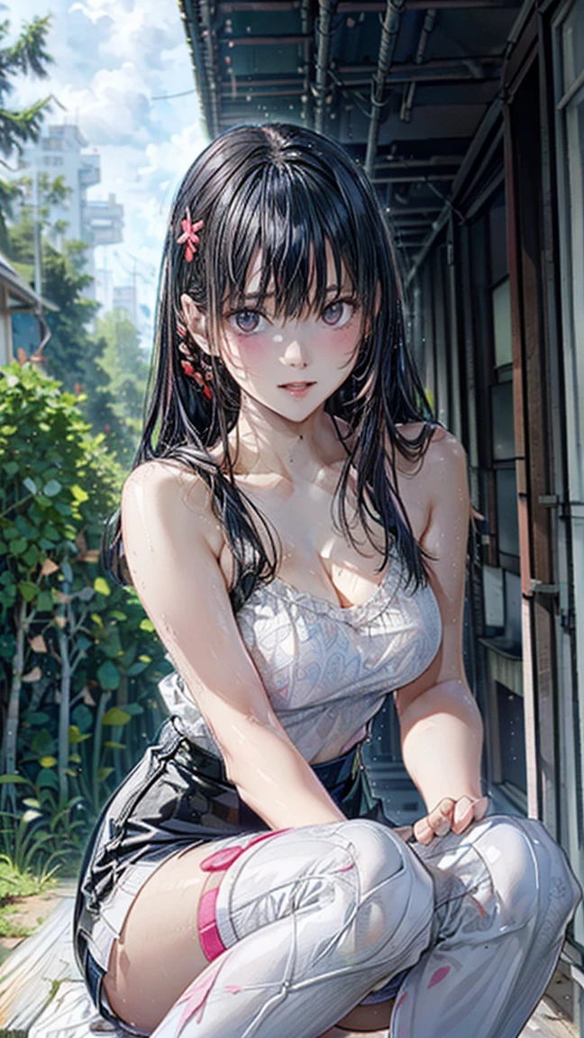 Armpit Hair、Show both sides、High heels（Black）、pantyhose（Black）、garter belt（Black）、Big Breasts、Long Hair（Black、straight）、Squat、Leg spread、Married Woman、first round、Voluptuous、Puddle、Outdoor、garden、Cherry Blossom Viewing、cherry blossoms
