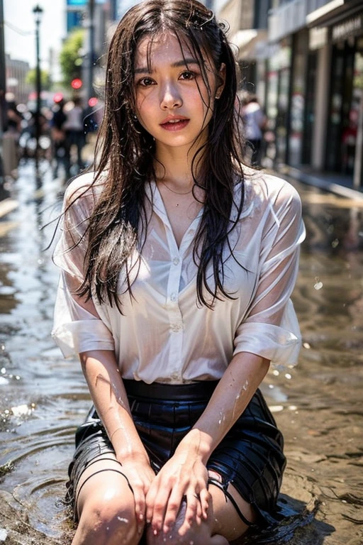 ((highest quality)), ((8K)), ((masterpiece: 1.3)), (Perfect appearance), (Photorealism: 1.6),
(雨の中を街中を歩く60 years oldのJapanese Mature), BREAK(傘無しで歩くJapanese Mature: 1.4), BREAK (A busy sidewalk in an office district: 1.2), (Detailed background), (Soaking wet), (Full body portrait: 1.4),
(60 years old, Japanese Mature), ((Realistic skin texture)), (Fine lines all over the skin), (Dull skin), (Facial wrinkles), (Wrinkles around the eyes), double eyelid, Tear bags under the eyelids,
Melancholic expression, Raindrops running down my face,
Short bangs, Straight long hair, Rain-soaked hair, (Raindrops dripping down my hair: 1.4),
BREAK(A fitted white shirt: 1.4),BREAK BREAK(Red flare pants: 1.4), BREAK (Shirts that get wet and adhere to the skin), (The wet shirt is see-through: 1.4), (Red bra shows through: 1.2), (Wet flare pants showing through: 1.4), High heels,