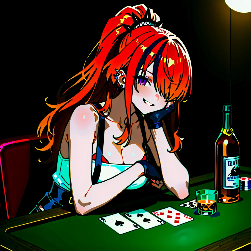 (chica anime),((chica sentada en una silla con una mesa con un tablero de ajedrez)), ((ajedrez)), ojos azules, ((peliroja)), ((((((tablero de ajedrez)))))), (((cabello rojo))),anime,sexy, crimson red,(((piezas blancas y negras))), negro y blanco ajedrez,piezas de ajedrez, chica anime, seductora, ((accesorios en forma de estrellas))