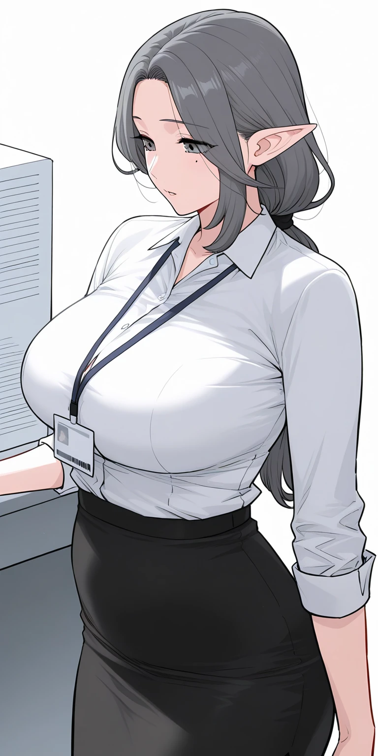 score_9, score_8_up, score_7_up, source_anime, BREAK, (((yew))), brown hair, bangs, long hair, huge breasts,.cleavage, mole on breasts, milf,.lipstick, pencil skirt, black blouse, office setting, sitting in an office chair