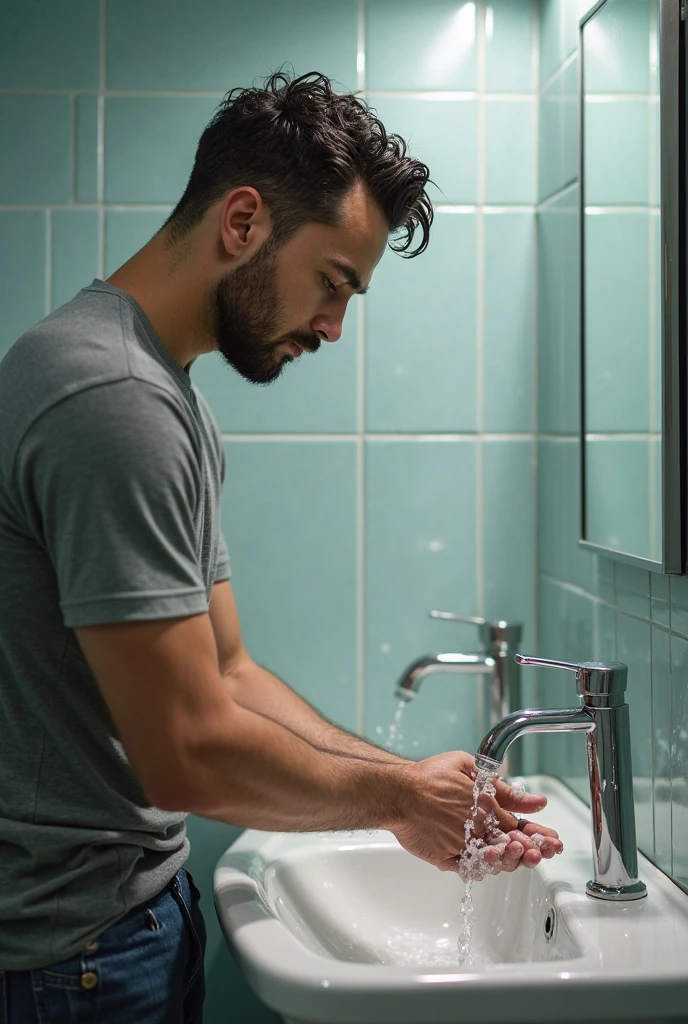 perfect detailed, man plumber, drinking water, view on the sink